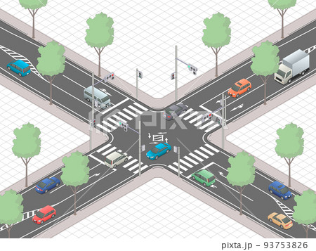 アイソメトリック図法で描いた信号交差点のイメージ[C]（マス目地） 93753826