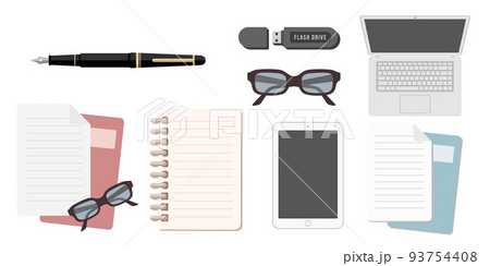 Collection set of office obejct glasses notebook paper document tablet fountain pen flash drive 93754408
