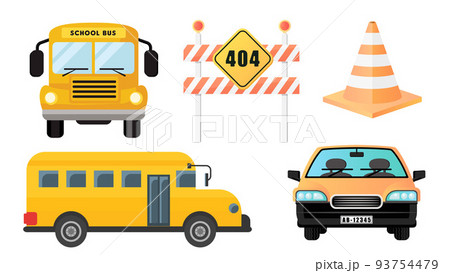 Collection set of transportation object school bus car roadblock trafic cone Collection set of transportation object school bus car roadblock trafic cone 93754479