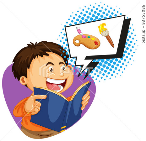 Boy reading book wtih speech bubble 93755086