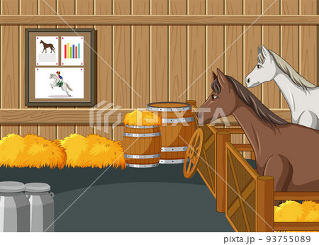 Stable scene with horses and hay 93755089