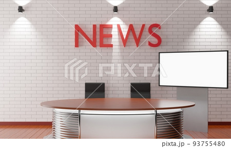 wooden table and lcd background in the news studio room.3d rendering. wooden table and lcd background in the news studio room.3d rendering. 93755480