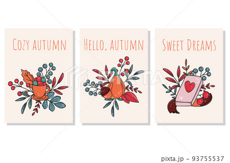 Set autumn cards with inscriptions Set autumn cards with inscriptions 93755537
