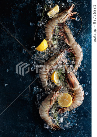 Fresh tiger prawns with lemon, rosemary and crushed ice on a dark blue background. Fresh tiger prawns with lemon, rosemary and crushed ice on a dark blue background. 93756831