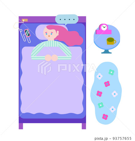 眠れない女性。不眠症。背景なし、家具、吹き出し有り。花模様カーペット。 眠れない女性。不眠症。背景なし、家具、吹き出し有り。花模様カーペット。 93757655