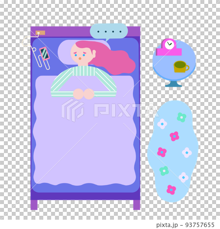 眠れない女性。不眠症。背景なし、家具、吹き出し有り。花模様カーペット。 眠れない女性。不眠症。背景なし、家具、吹き出し有り。花模様カーペット。 93757655