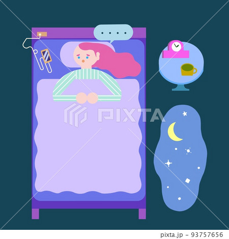 眠れない女性。不眠症。背景、家具、吹き出し有り。 眠れない女性。不眠症。背景、家具、吹き出し有り。 93757656