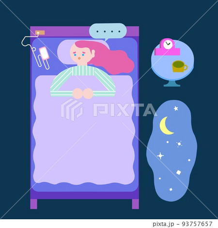 眠れない女性。不眠症。背景、家具、吹き出し有り。スマホ点灯。 93757657