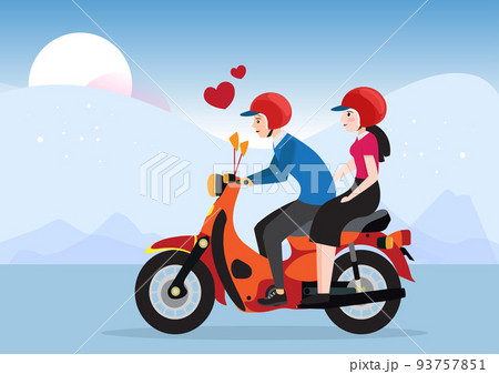 Happy man and woman riding a scooter. Vector cartoon illustration. Happy man and woman riding a scooter. Vector cartoon illustration. 93757851