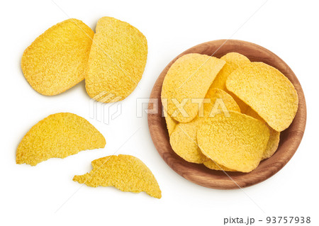 Potato chips in wooden bowl isolated on white background with full depth of field. Top view. Flat lay. 93757938