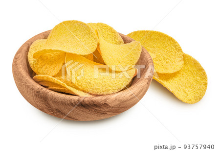 Potato chips in wooden bowl isolated on white background with full depth of field. Potato chips in wooden bowl isolated on white background with full depth of field. 93757940