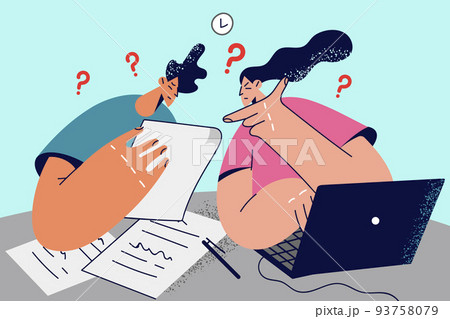 Confused couple manage paperwork at home  93758079