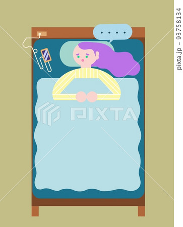 眠れない女性。不眠症。背景、吹き出し有り。 眠れない女性。不眠症。背景、吹き出し有り。 93758134
