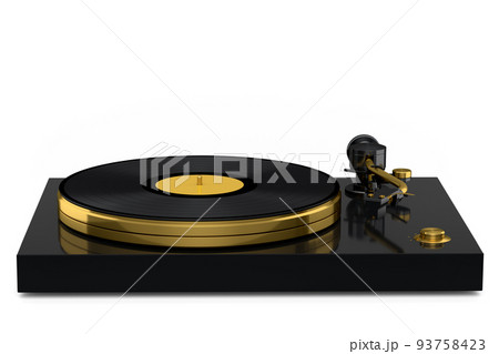 Vinyl record player or DJ turntable with retro vinyl disk on white background. 93758423