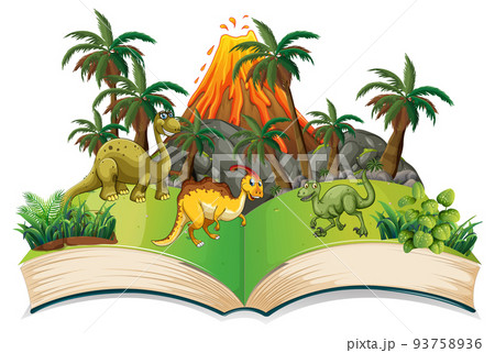 Opened book with various dinosaurs cartoon 93758936