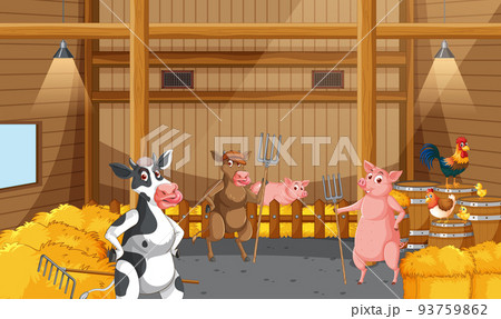 Barn indoor scene with farm animals 93759862