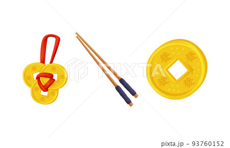 Chinese Coin Pendant and Wooden Chopsticks as China Object and Traditional Cultural Symbol Vector Set Chinese Coin Pendant and Wooden Chopsticks as China Object and Traditional Cultural Symbol Vector Set 93760152
