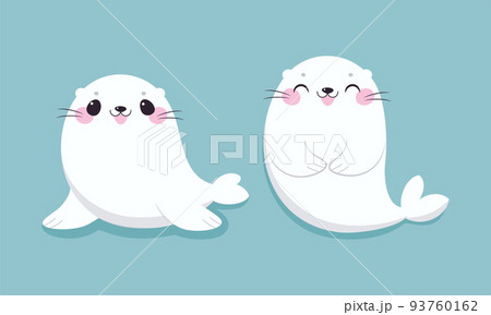 Cute Seal with White Fur and Pink Cheeks Smiling on Blue Background Vector Set Cute Seal with White Fur and Pink Cheeks Smiling on Blue Background Vector Set 93760162