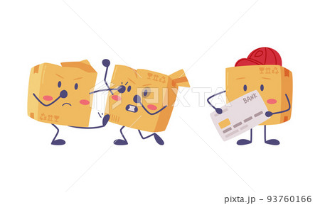 Cute Delivery Cardboard Box Character Fighting and Holding Plastic Bank Card Vector Set 93760166