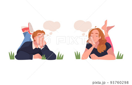 Man and Woman Character Dreaming Imagining and Fantasizing Having Spontaneous Thought in Bubble Vector Set Man and Woman Character Dreaming Imagining and Fantasizing Having Spontaneous Thought in Bubble Vector Set 93760298