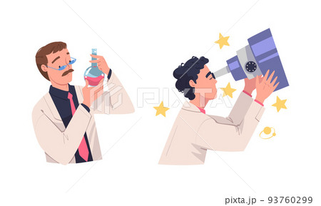 Man Scientist Character in White Coat Conducting Experiment and Research Vector Set 93760299