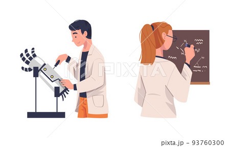 Man and Woman Scientist Character in White Coat Conducting Experiment and Research Vector Set Man and Woman Scientist Character in White Coat Conducting Experiment and Research Vector Set 93760300