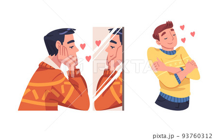 Self Love with Man Character Admiring Himself Looking in Mirror Delighted with His Appearance Reflection Vector Set Self Love with Man Character Admiring Himself Looking in Mirror Delighted with His Appearance Reflection Vector Set 93760312
