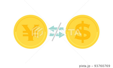 打ち消し線が入った双方向の矢印と円とドルの記号･¥と$が入ったお金･コイン - 外為･両替･換金不可 93760769
