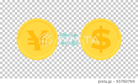 打ち消し線が入った双方向の矢印と円とドルの記号･¥と$が入ったお金･コイン - 外為･両替･換金不可 93760769