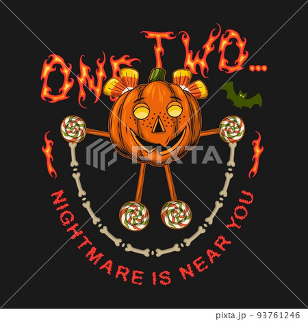 Label with counting rhyme, candy, bat, pumpkin head like mischievous little girl. Girl jumping with a skipping rope. 93761246