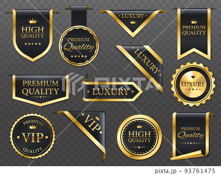Premium, luxury golden labels, banners and ribbon corners, vector premium quality badges. Luxury tags and VIP product gold emblems or sticker seals with premium quality star and crown on silky ribbon 93761475
