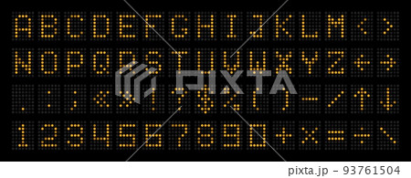 Scoreboard font, LED board alphabet or airport display type letters, vector digital panel. Scoreboard font with numbers of electric led dots, score board or electronic timetable type with lamp digits 93761504