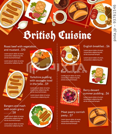 British cuisine restaurant meals menu page. Beef Wellington, Yorkshire pudding and cornish pasty, roast beef, berry dessert summer pudding and English breakfast, bangers, mash with onion gravy 93761546