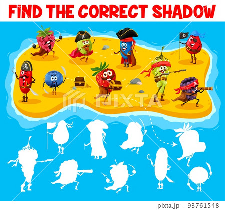 Find the correct shadow of berry pirates and corsairs on treasure island. Kids vector game worksheet with barberry, blueberry, strawberry, raspberry or gooseberry, honeyberry, blackberry or rosehip 93761548