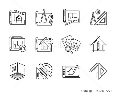 Architect development and interior design icons, vector house plan and ruler. Home construction project or architecture development and interior design linear icons for real estate engineering 93761551