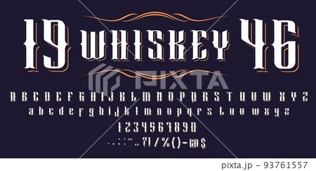 Vintage western font, alcohol, barbershop typeface. Retro type alphabet, vector whiskey label typography, western old style font letters for beer, whisky bottle or irish scotch and bourbon typeface 93761557
