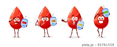Diabetes characters, cartoon blood drops with glucometer for meter sugar level, vector personages. Heart with glucose test for insulin check, happy, normal and high sad hearts with diabetes glucometer Diabetes characters, cartoon blood drops with glucometer for meter sugar level, vector personages. Heart with glucose test for insulin check, happy, normal and high sad hearts with diabetes glucometer 93761559