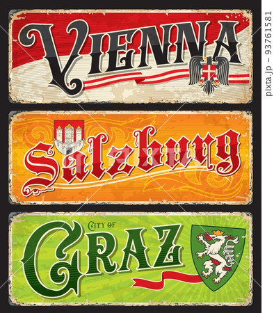 Salzburg, Vienna, Graz austrian city plates and travel stickers. Austria provinces vector vintage banners with heraldic symbolic and coat of arms. Touristic grunge signs, postcards, scratchy boards 93761581