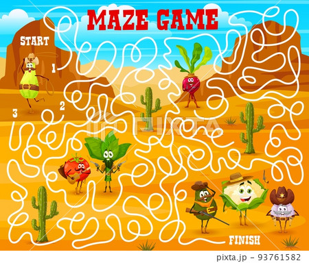 Labyrinth maze game. Help to sheriff and rangers to find a bandits and robbers. Kids labyrinth maze quiz vector worksheet with cartoon spinach, tomato and avocado, beet and zucchini, garlic cowboys 93761582