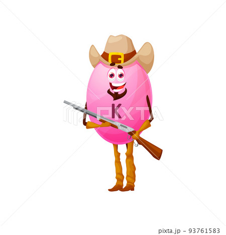Cartoon vitamin K ranger character. Funny vector western horseman with rifle. Chemical element, food supplement bubble cowboy or bandit with gun. Wild west armed personage wear hat, fantasy texas hero 93761583