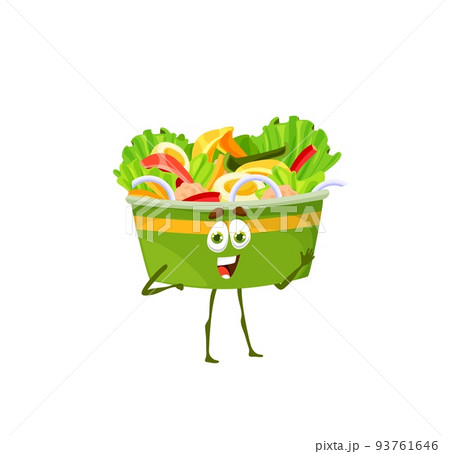 Cartoon caesar salad box character. Fresh food, healthy lunch meal isolated vector personage. Delicious vegetable takeaway dish with lettuce and cheese, appetizer with cute smiling face 93761646