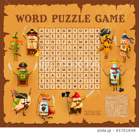 Cartoon mexican food pirate and corsair characters. Word search puzzle game worksheet. Vector quiz grid with tex mex tamales, jalapeno, tequila and mezcal, pulque, tacos, enchilada, churros or avocado 93761648