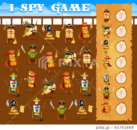 I spy game, cartoon mexican food pirate and corsair characters. Kids vector quiz worksheet puzzle with tex mex tamales, tacos, burrito and nachos, chimichanga, tequila and avocado personages I spy game, cartoon mexican food pirate and corsair characters. Kids vector quiz worksheet puzzle with tex mex tamales, tacos, burrito and nachos, chimichanga, tequila and avocado personages 93761668