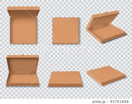 Realistic pizza box package mockup, isolated open cardboard pizza boxes. Vector 3d blank closed and opened empty cardboard top, front and angle view. Disposable food container, delivery fast food Realistic pizza box package mockup, isolated open cardboard pizza boxes. Vector 3d blank closed and opened empty cardboard top, front and angle view. Disposable food container, delivery fast food 93761688