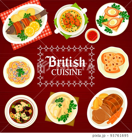 British cuisine menu cover template. Lamb soup, chicken soup with prunes and potato anchovy salad, cod with mustard sauce, Scotch eggs and roast beef, fruit cake baked trout wrapped in bacon British cuisine menu cover template. Lamb soup, chicken soup with prunes and potato anchovy salad, cod with mustard sauce, Scotch eggs and roast beef, fruit cake baked trout wrapped in bacon 93761695