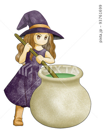 薬を大鍋で調合する魔女　水彩タッチ 93761699