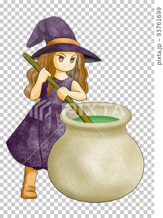 一個在大鍋裡準備藥水的女巫水彩畫 93761699