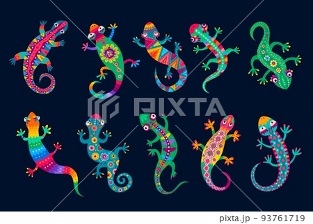 Mexican lizard and gecko, funny reptiles with ethnic ornament, vector mexican folk art. Tropical lizard animals or geckos with latin pattern ornament, funny cartoon characters for kids quiz game Mexican lizard and gecko, funny reptiles with ethnic ornament, vector mexican folk art. Tropical lizard animals or geckos with latin pattern ornament, funny cartoon characters for kids quiz game 93761719
