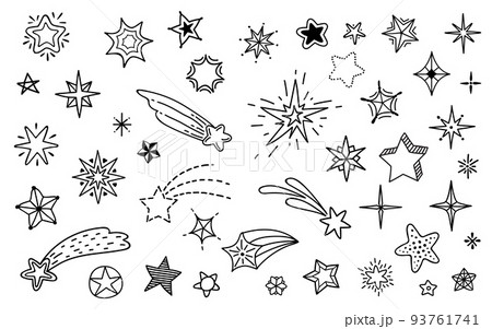 Doodle stars sketch, hand drawn line cute starry sky, vector icons with patterns. Ink pen or pencil scribble sketch stars, cartoon sketchy comets or twinkle shooting stars in space 93761741