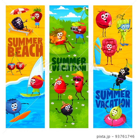 Cartoon berry characters on beach and meadow vacation. Blackberry, strawberry and cherry, cowberry, blueberry and raspberry, rosehip, grape and currant, cloudberry personages on summer vacation 93761746